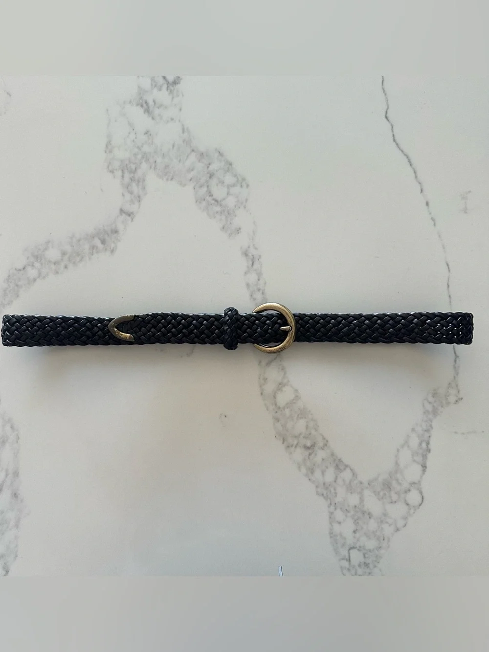 Vintage Talbots Narrow Braided Leather Belt Solid Brass Round Buckle Black Large